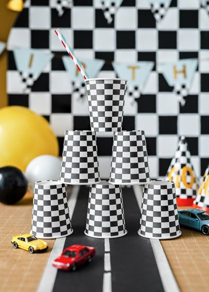 Checkered flag Paper Cups - Little Raccoon Party Supplies